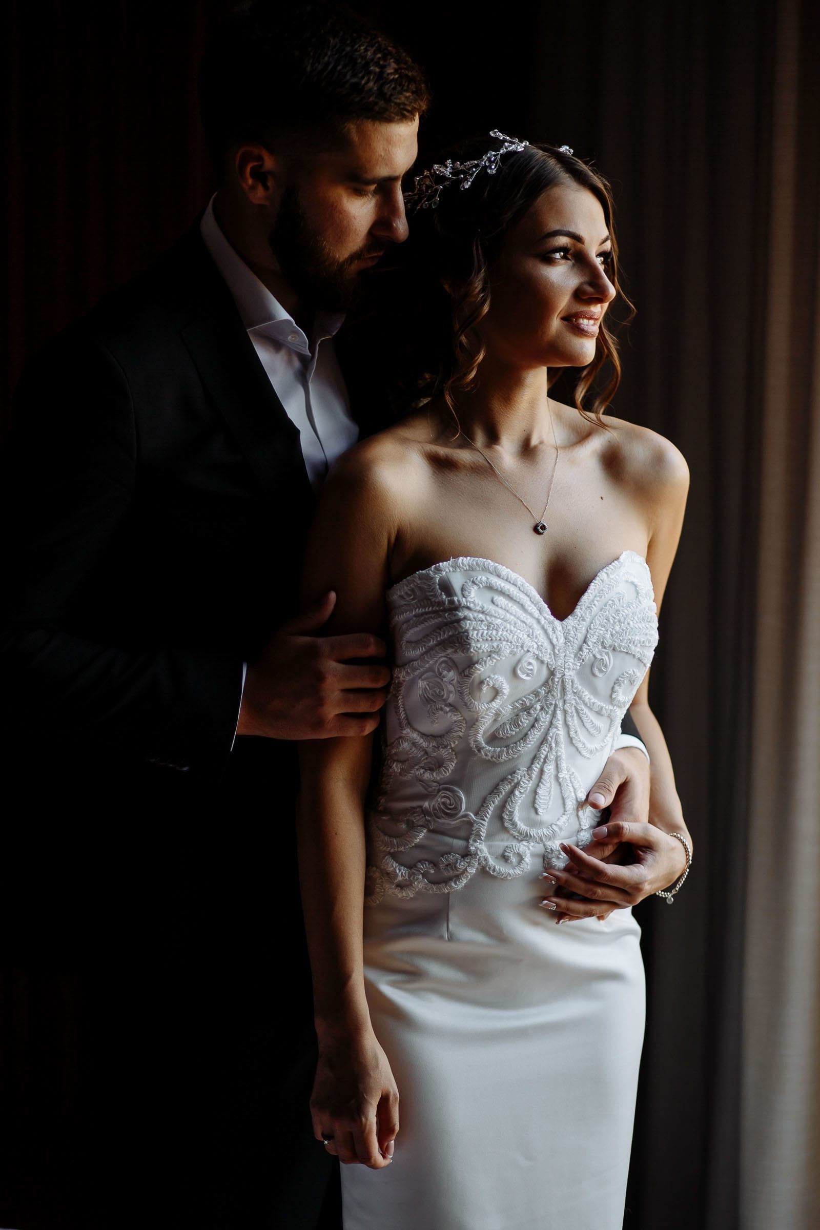 Romantic documentary bride and groom portrait by Bude wedding photographer Tanya Bogdan.