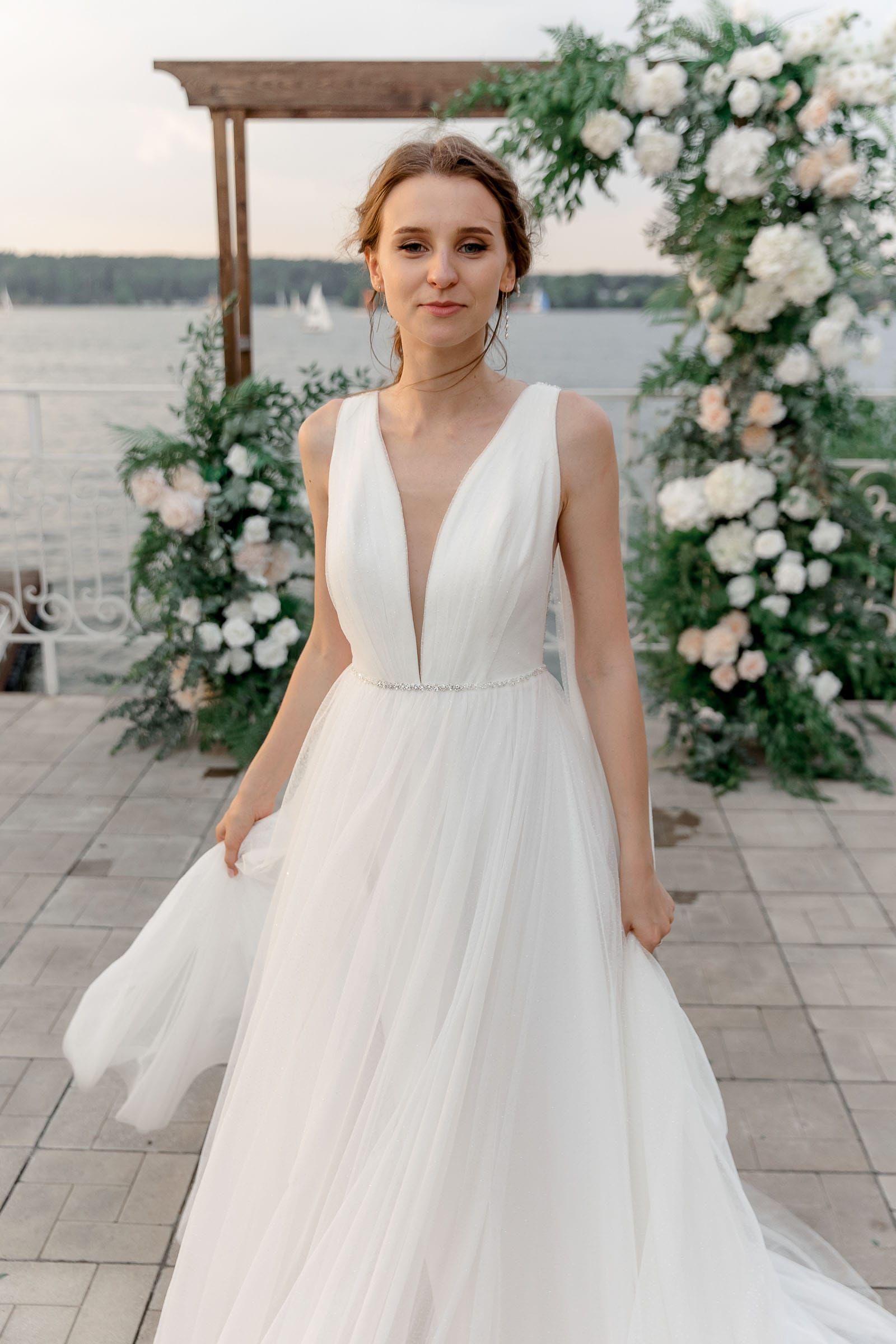 Modern editorial bride and groom portraits by the river, photographed by a South West wedding photographer.