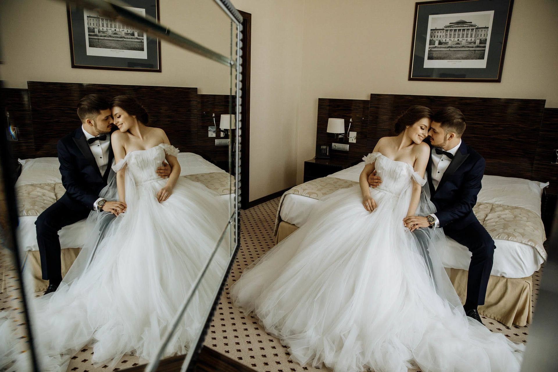 Creative editorial couple portrait using a mirror reflection in a grand venue.