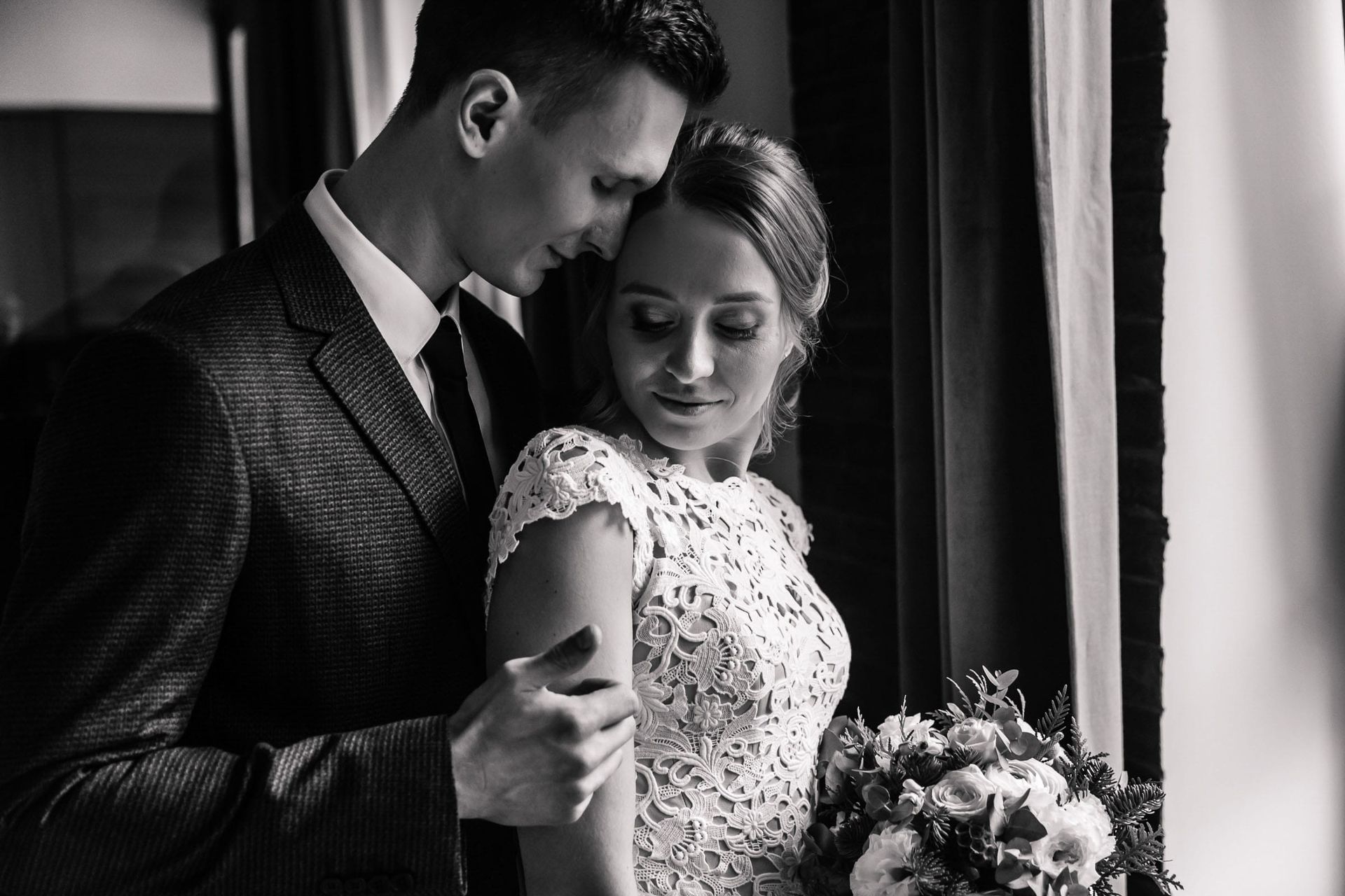 Black and white bride and groom portrait from Devon wedding photographer Tanya Bogdan.