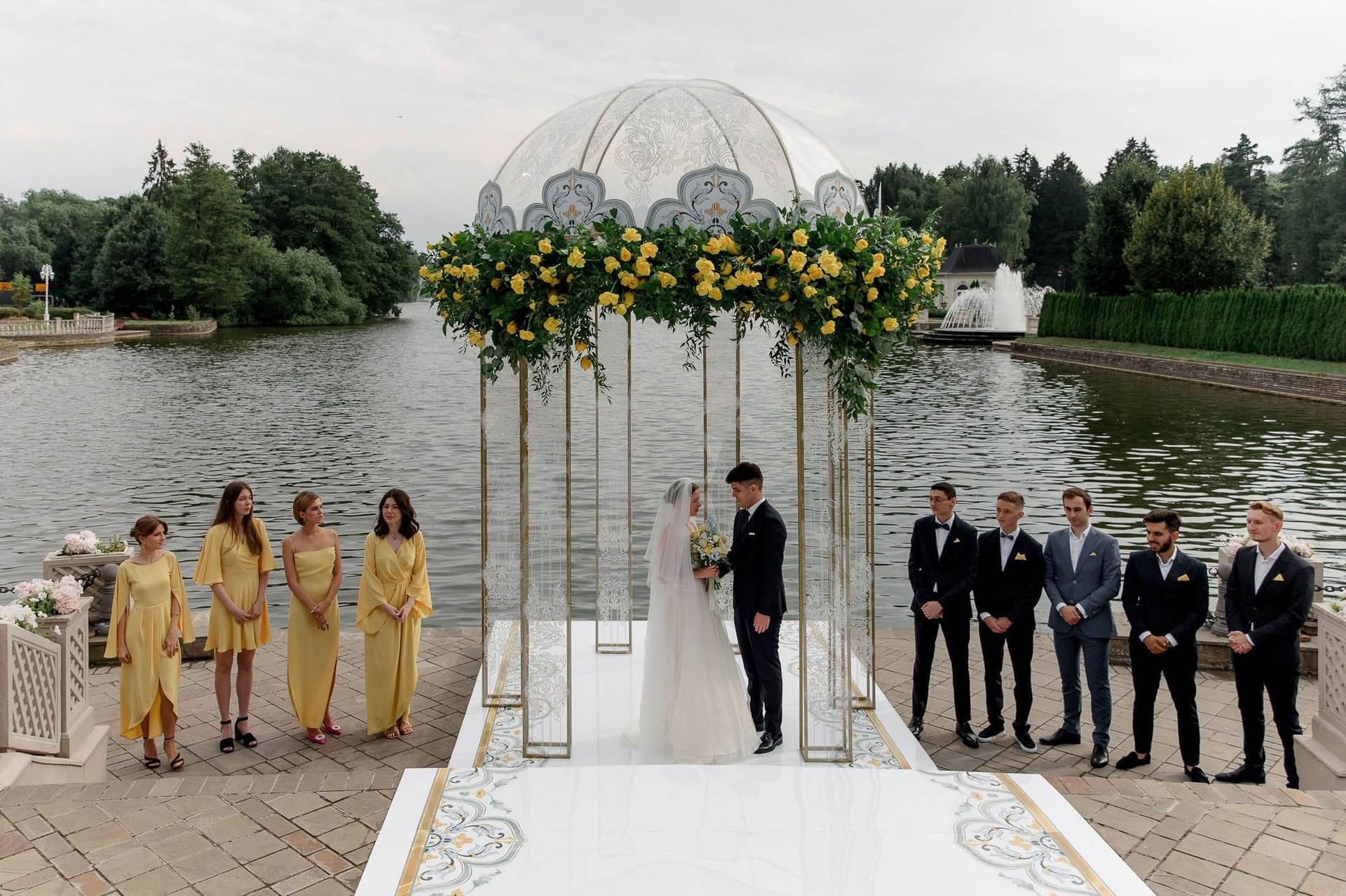 Wide view of the ceremony setting during a destination wedding celebration