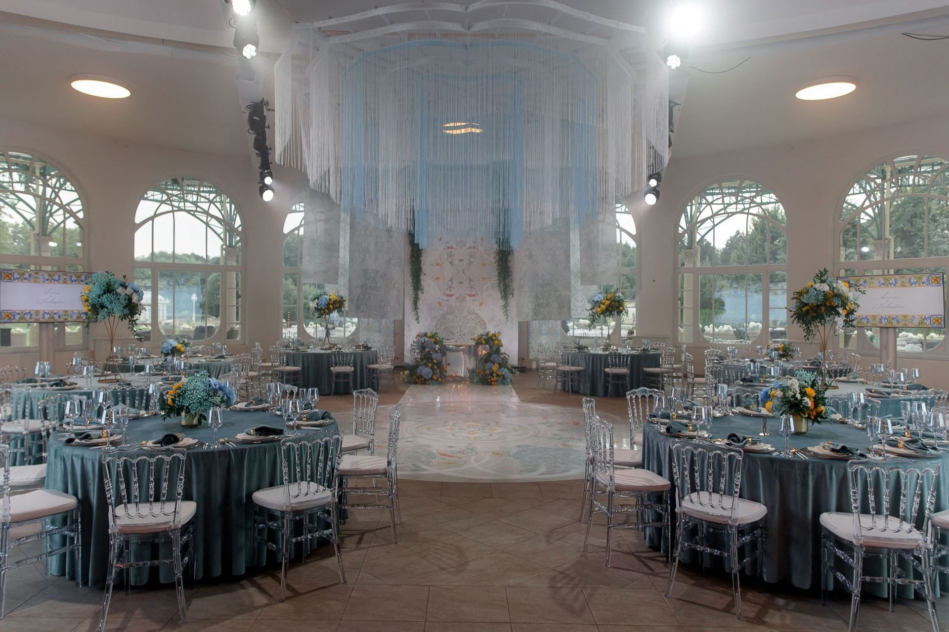 Editorial photograph of reception room decor at a destination wedding venue