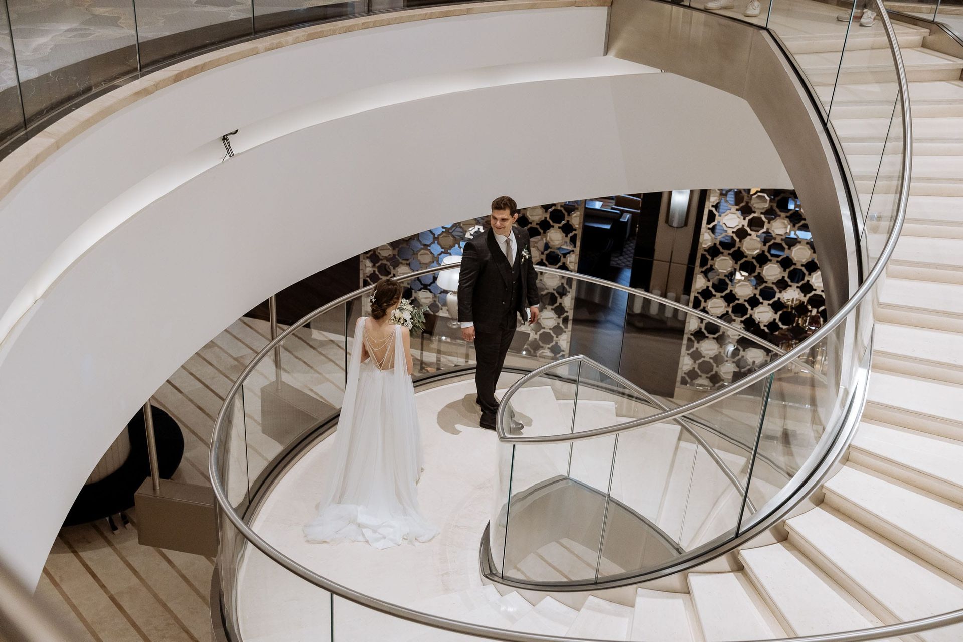 A cinematic first-look moment captured by London wedding photographer Tanya Bogdan.