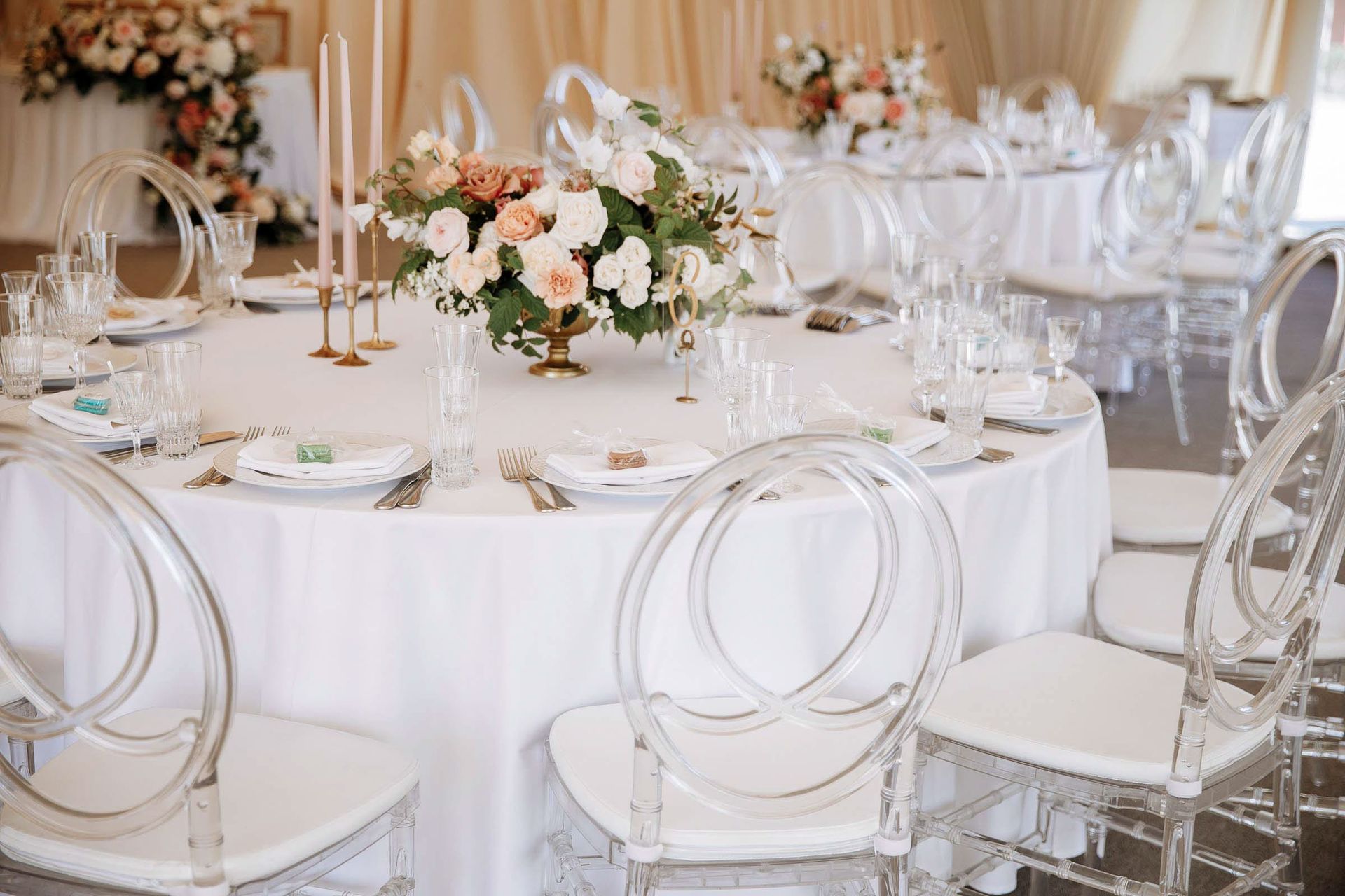 A wide-angle editorial shot of a luxury wedding reception hall by London photographer Tanya Bogdan.