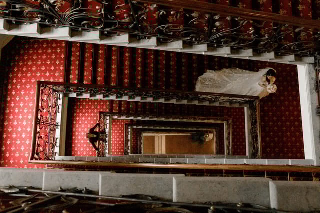 A creative overhead editorial portrait of a bride and groom by Tanya Bogdan, serving the South West and London.