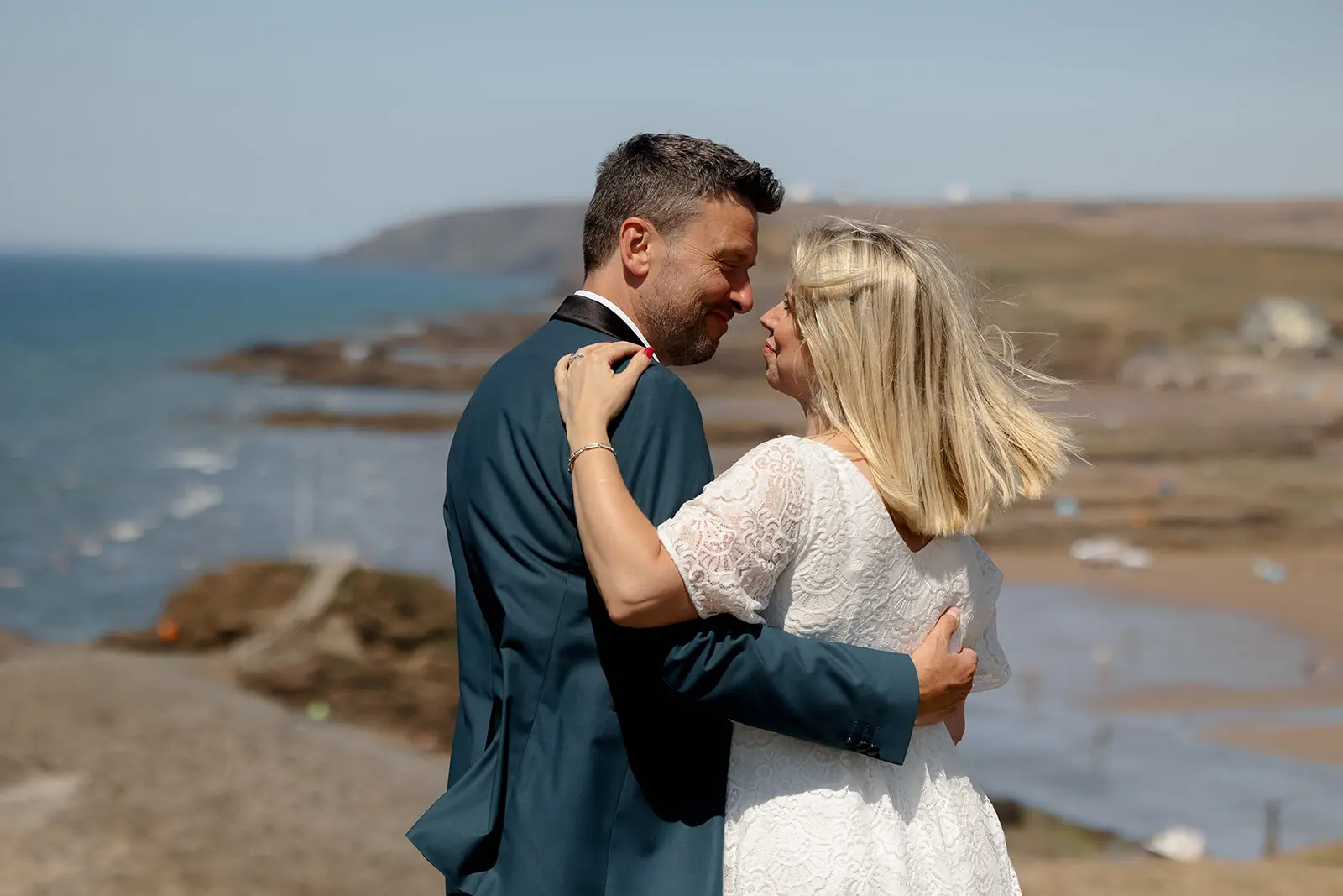 Bride and groom portrait at Compass Point in Bude, Cornwall