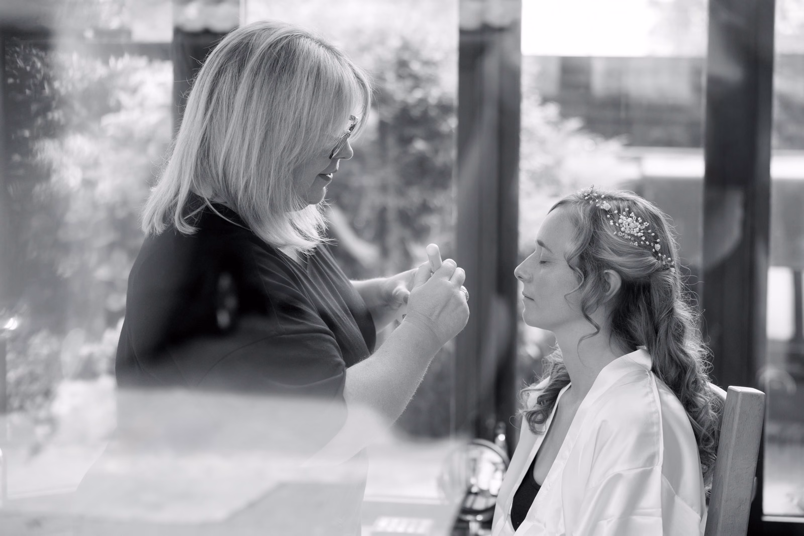 Bride hair and makeup black-and-white at a Taunton farm wedding, photographed by Tanya Bogdan Photography
