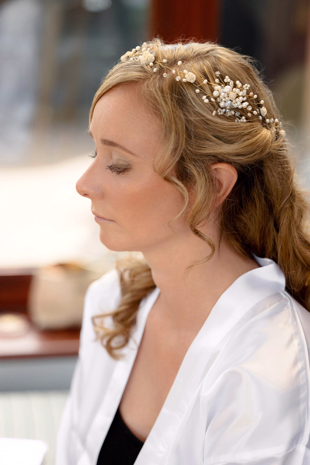 Bride portrait hair piece getting ready at a family farm wedding in Taunton