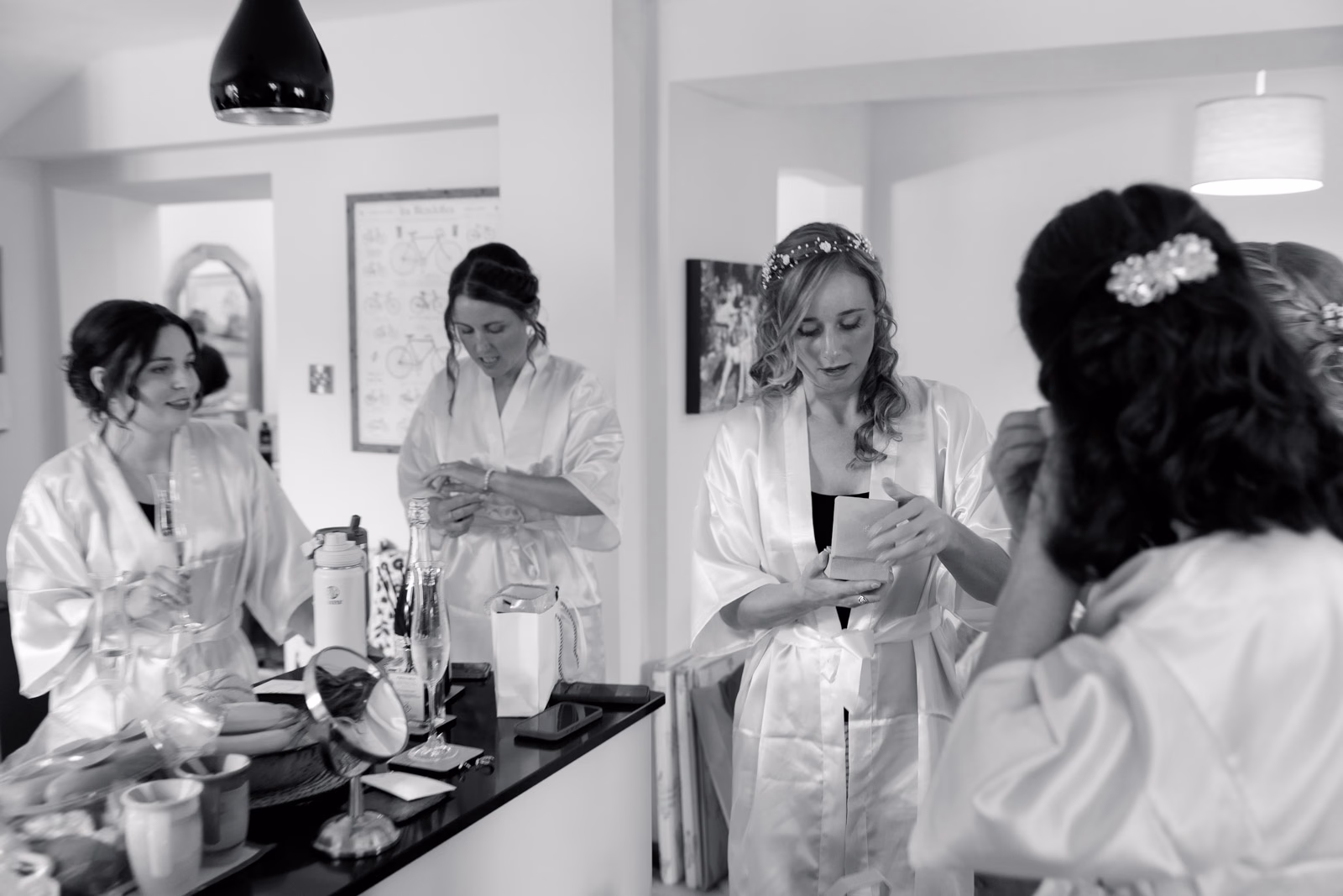 Bridal prep kitchen black-and-white at a countryside wedding in Taunton, Somerset