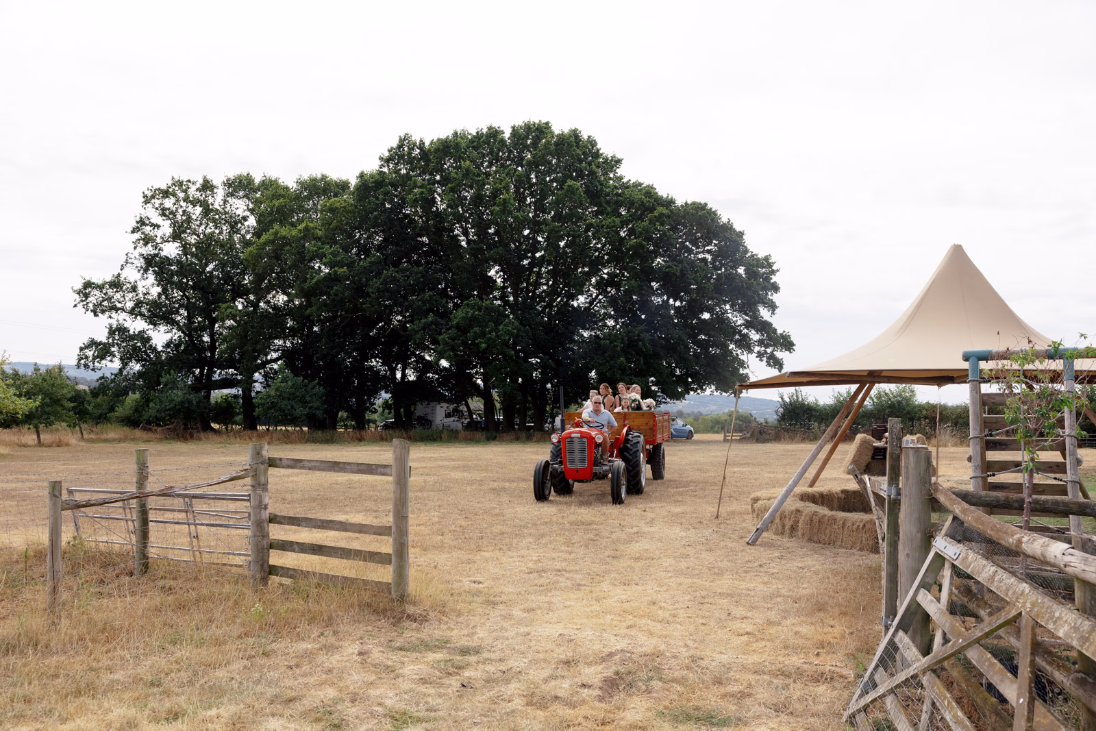 Vintage tractor in field tipi background at a family farm wedding in Taunton