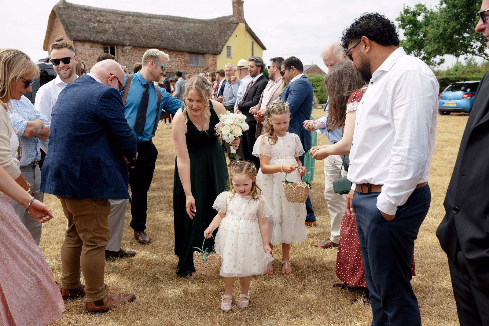 Guests congratulating couple after ceremony at a countryside wedding in Taunton, Somerset