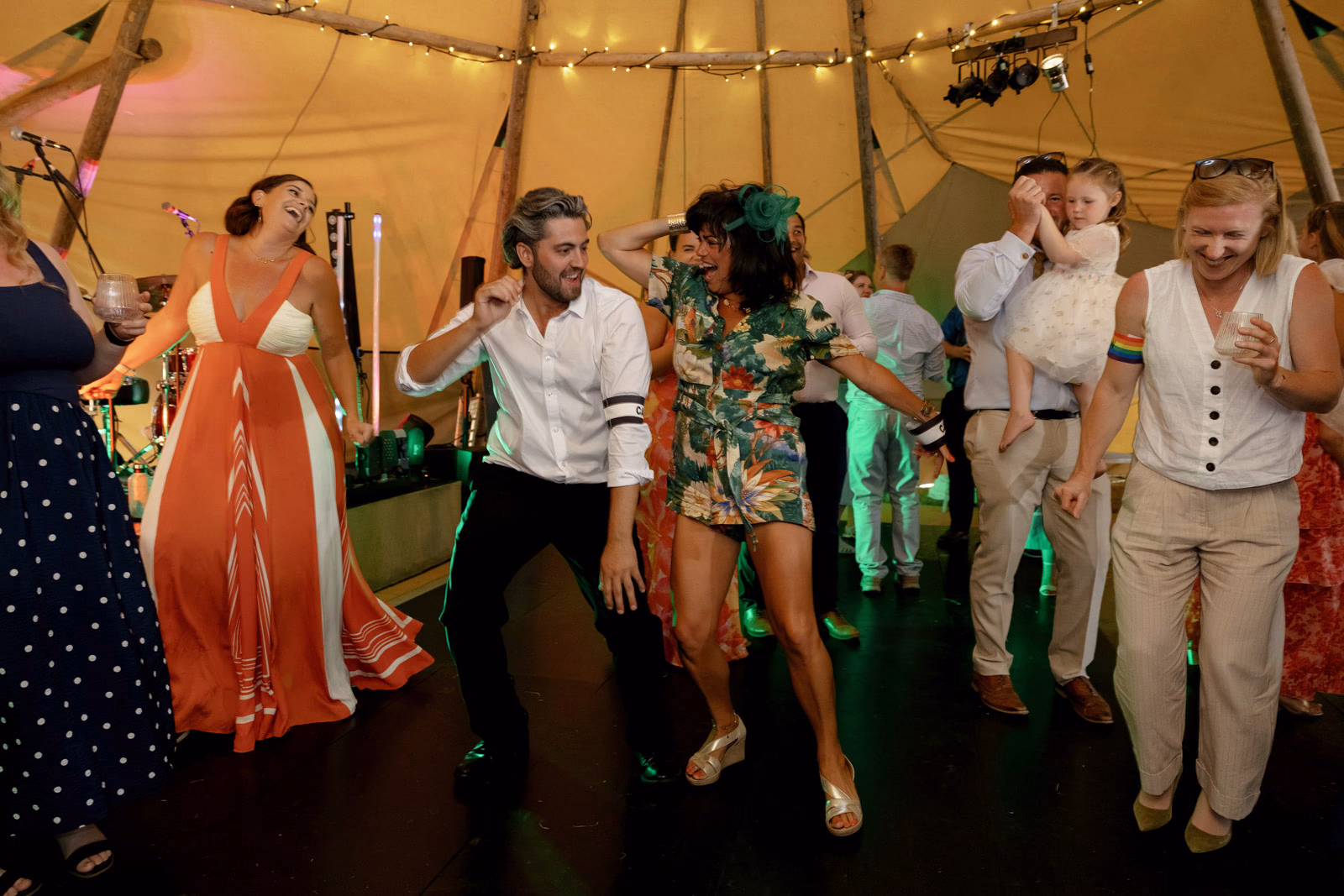 Guests dancing wedding party at a family farm wedding in Taunton