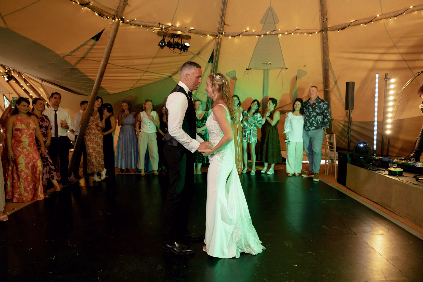 First dance newlyweds tipi at a countryside wedding in Taunton, Somerset