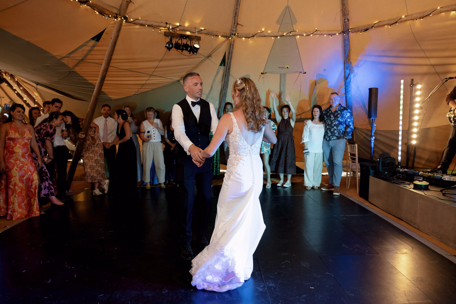 First dance wedding dress tipi at a Taunton farm wedding, photographed by Tanya Bogdan Photography